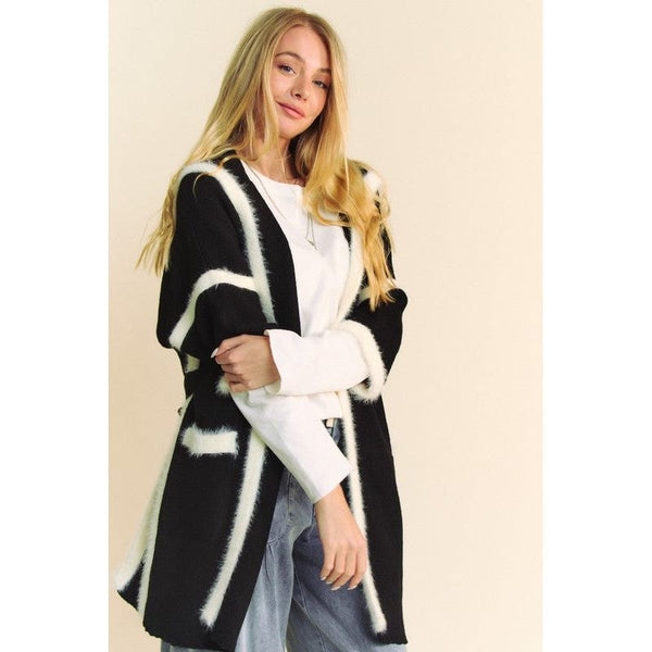 The Davi Black/White Fuzzy Trim Open Front Cardigan