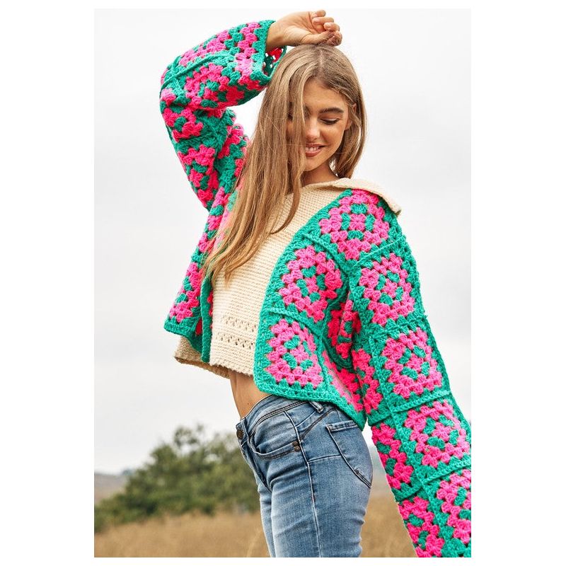 The Two-Tone Floral Square Crochet Open Knit Cardigan in Pink/Green or Black/White