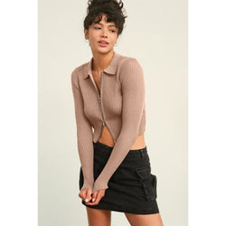 The High Five Taupe Ribbed Double Zip Cropped Cardigan