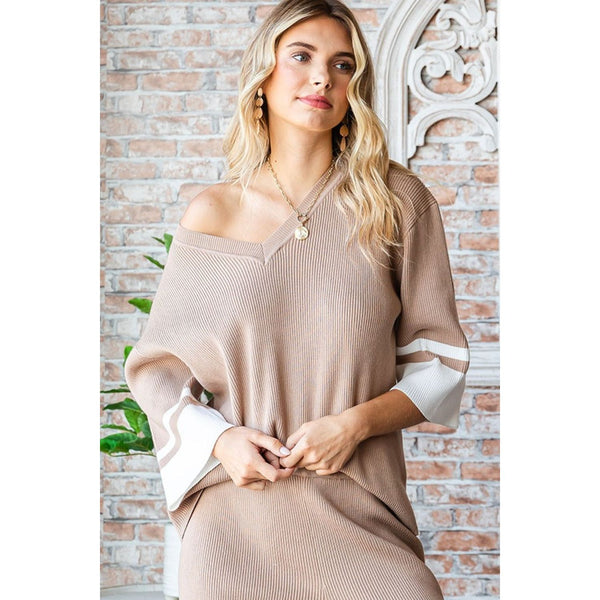 The Mayfair Mocha/White Contrast V-Neck Ribbed Knit Top