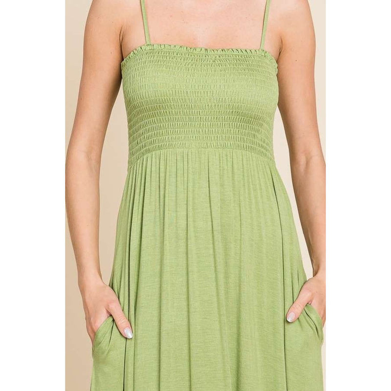 The Camille Green Smocked Cami Maxi Dress with Pockets