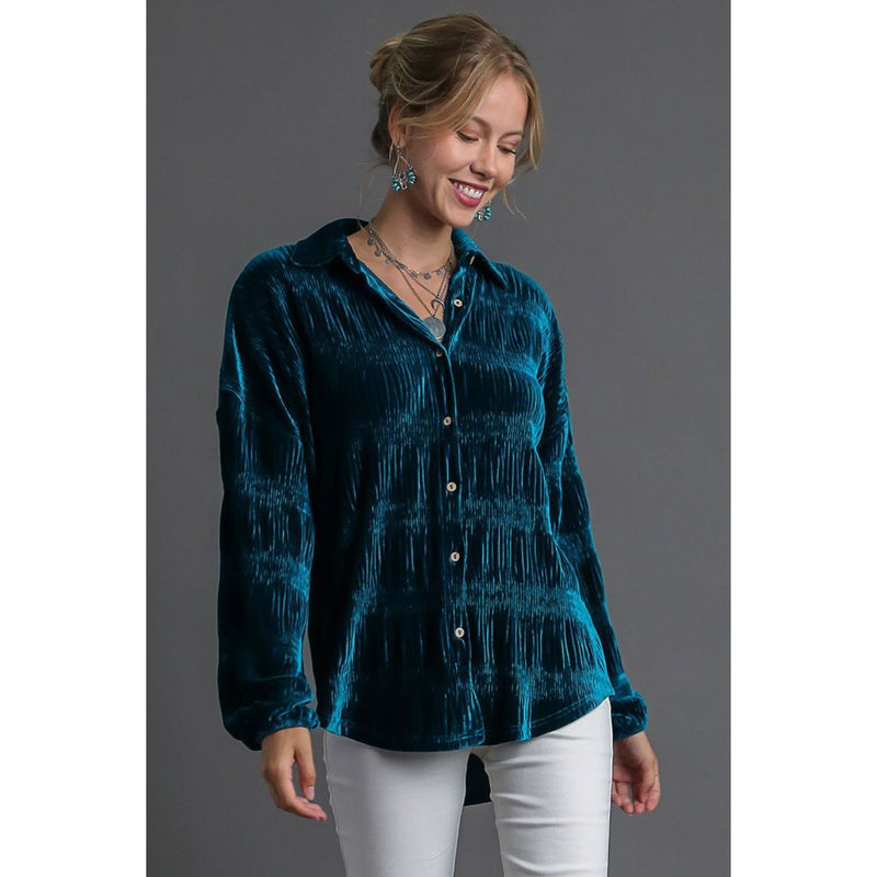 The Serenade Teal Velvet Plisse Top