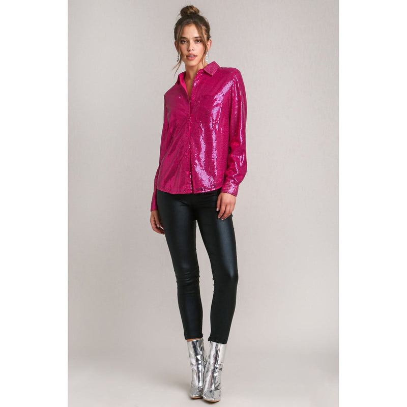 The Cherise Hot Pink Sequin Button Up Top