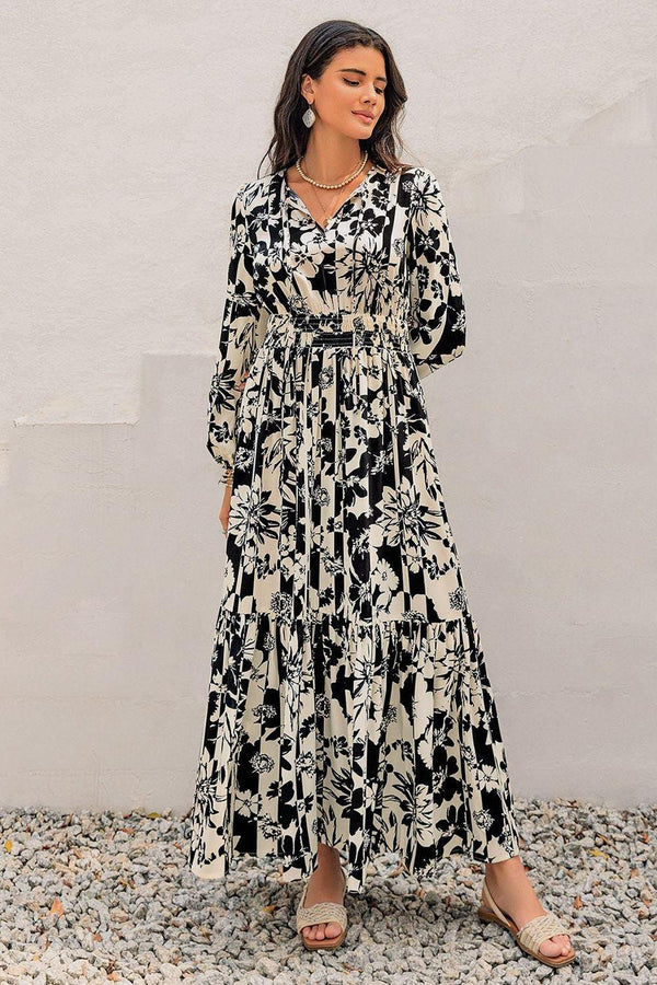 The Harvest Smocked Printed Tie Neck Long Sleeve Dress
