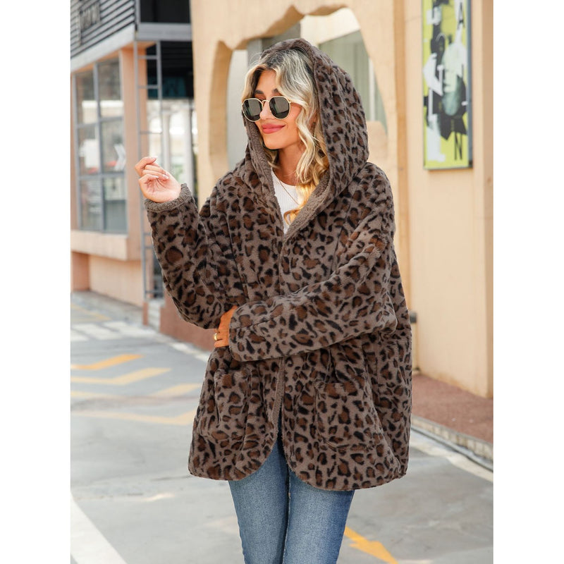 The Let's Get Cozy Brown Leopard Hooded Coat with Pockets