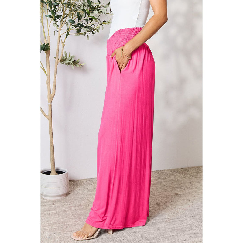 The Smocked Waistband Wide Leg Pants In Hot Pink, Olive, Gray, Brown or Black