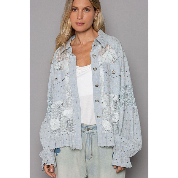 The Penny Light Blue Flower Pearl Detail Lace Patchwork Shirt