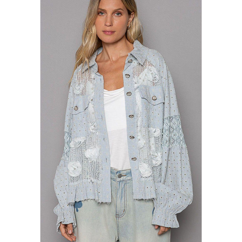 The Penny Light Blue Flower Pearl Detail Lace Patchwork Shirt