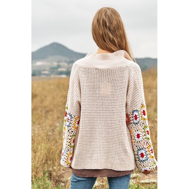 The Floral Crochet Sleeve Knit Cardigan in Rust or Cream