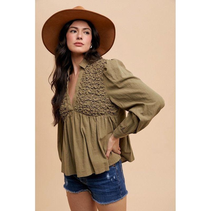 The Trina Olive Smocked Babydoll Top