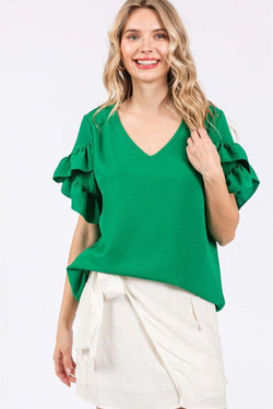 The Gigi Green Ruffled Short Sleeve V-Neck Top