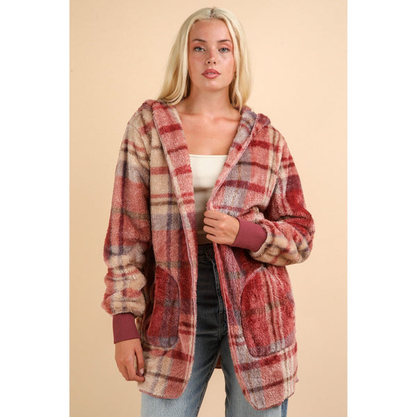 The Fireside Brick Fuzzy Plaid Hooded Jacket