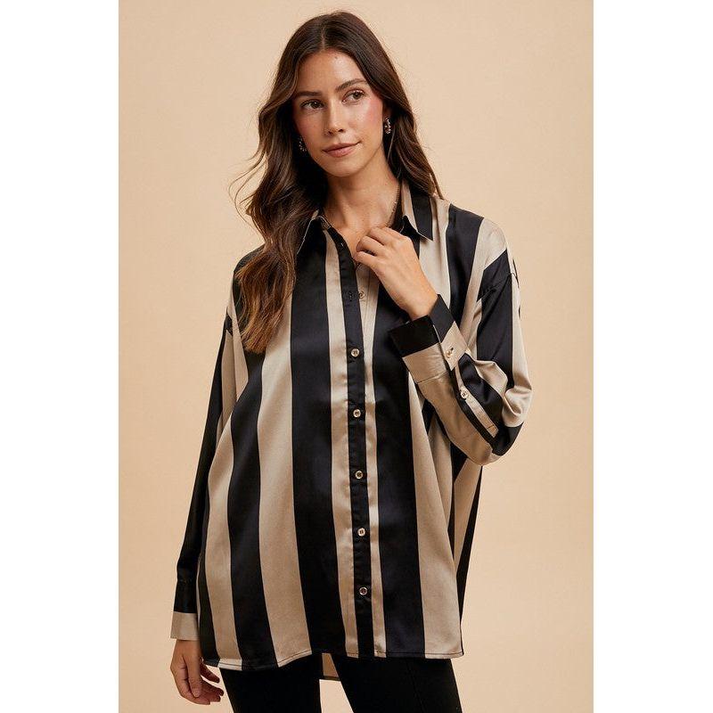 The Annie Black/Gold Striped Satin Button Up Shirt