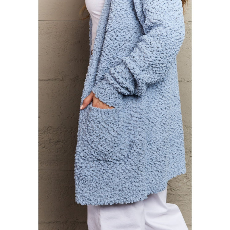 The Falling For You Dusty Blue Open Front Popcorn Cardigan