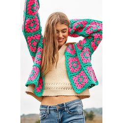 The Two-Tone Floral Square Crochet Open Knit Cardigan in Pink/Green or Black/White