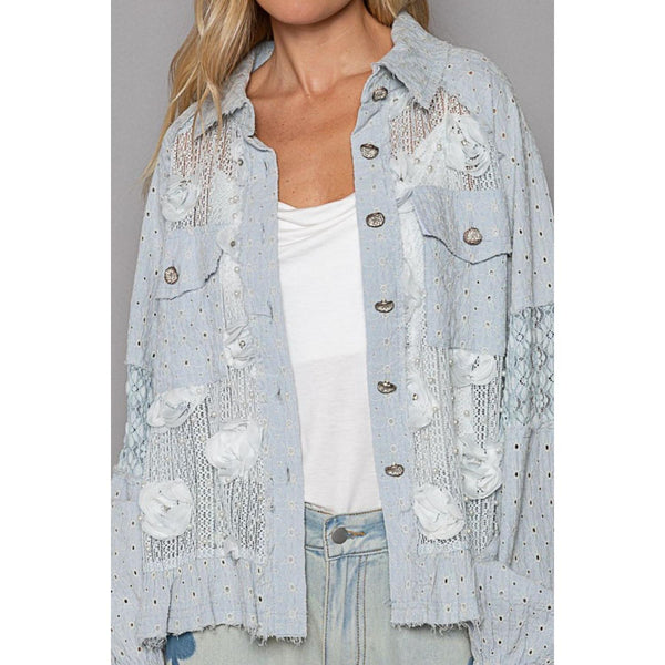 The Penny Light Blue Flower Pearl Detail Lace Patchwork Shirt