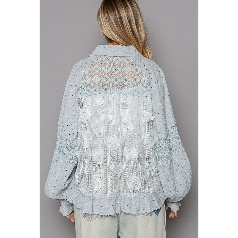 The Penny Light Blue Flower Pearl Detail Lace Patchwork Shirt