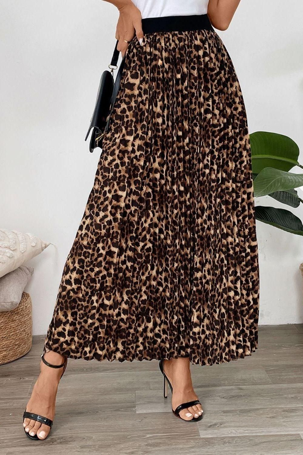 Casual Cheetah Print Flowy Skirt Pleated Skirt Leopard Midi Skirt