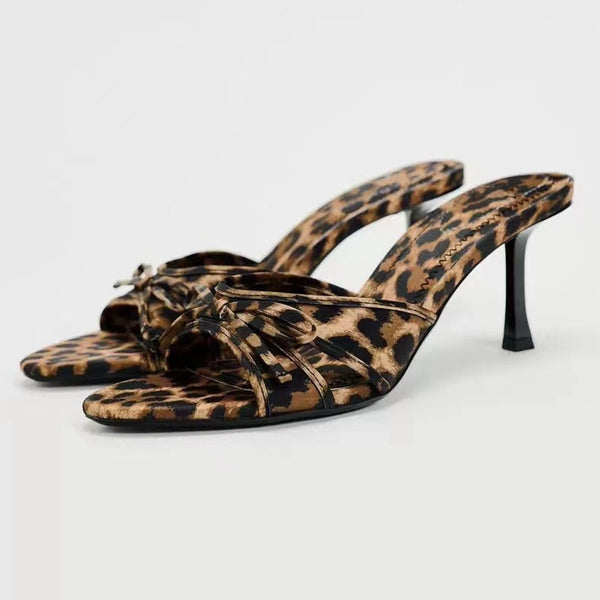 The Bow Leopard Open Toe Kitten Heels