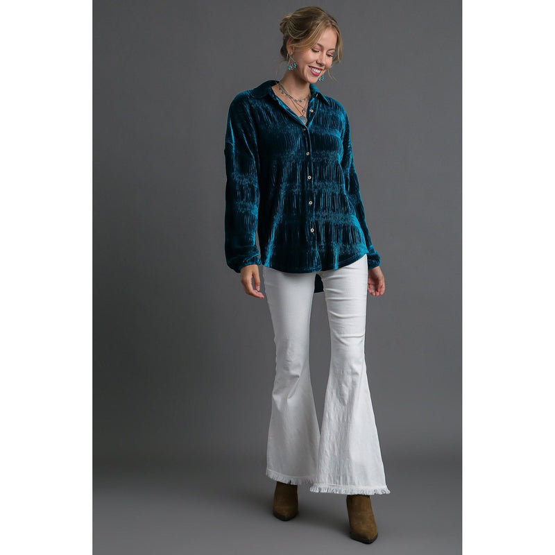 The Serenade Teal Velvet Plisse Top