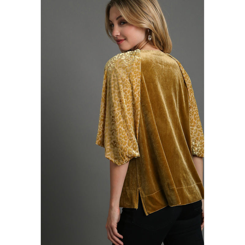 The Rio Gold Leopard Balloon Sleeve Velvet Top