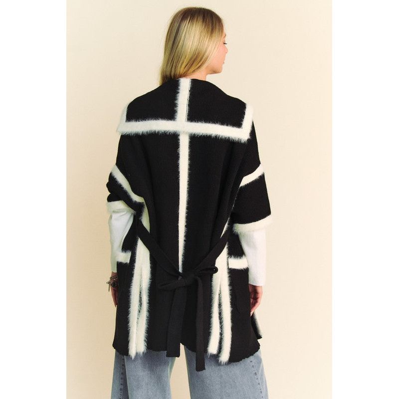 The Davi Black/White Fuzzy Trim Open Front Cardigan