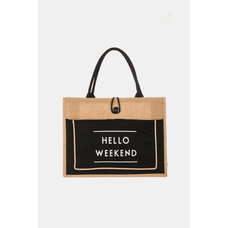 The Hello Weekend Burlap Tote Bag In Black, Ivory Or Pink