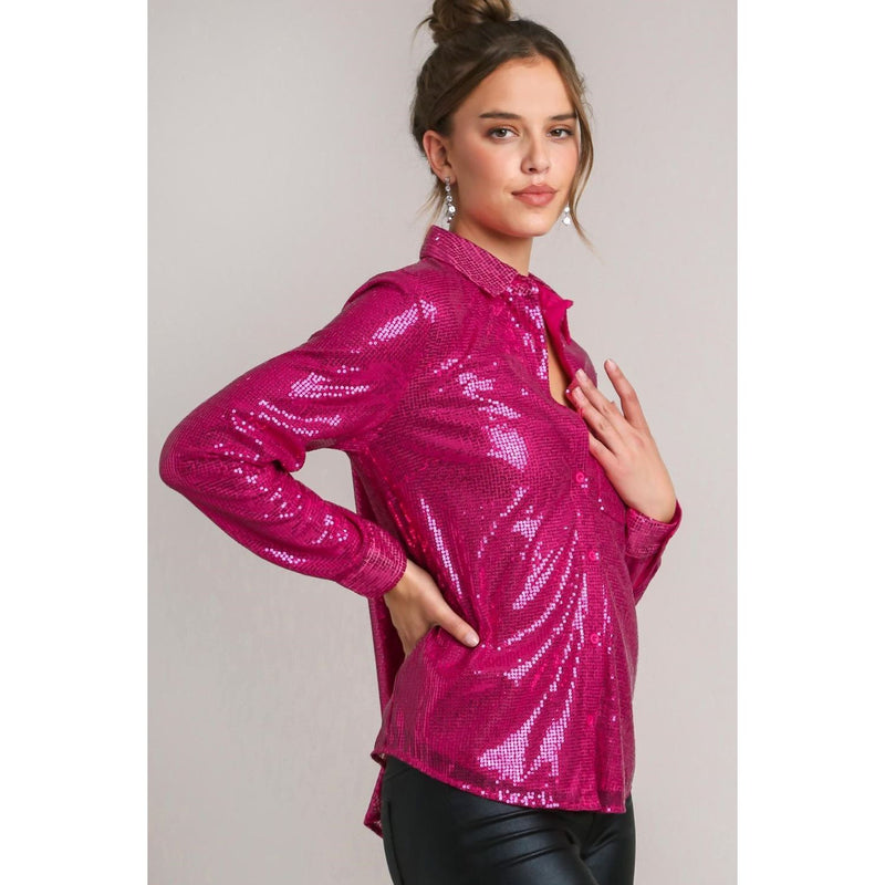 The Cherise Hot Pink Sequin Button Up Top