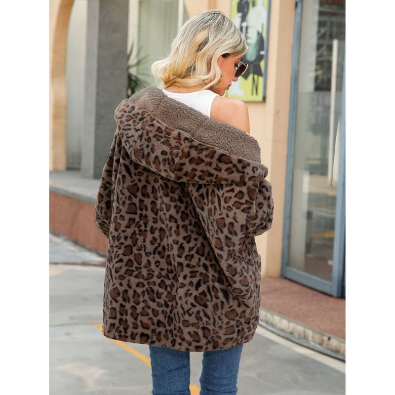 The Let's Get Cozy Brown Leopard Hooded Coat with Pockets