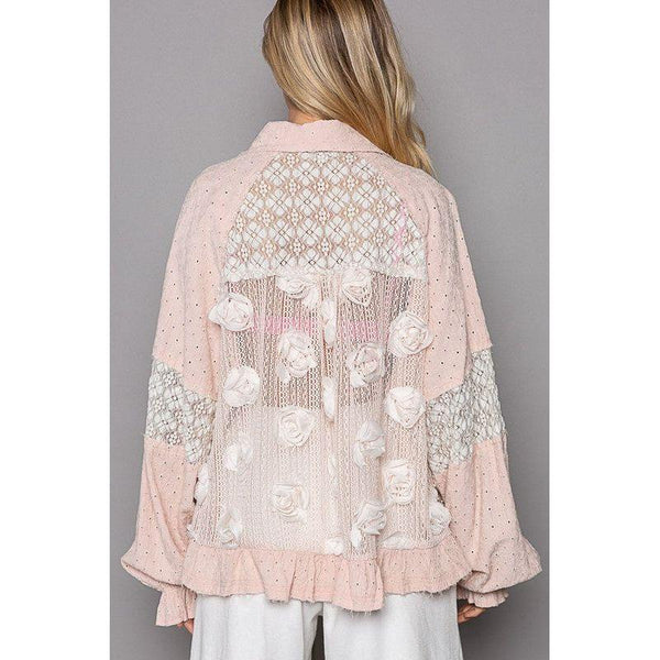 The Penny Light Pink Flower Pearl Detail Lace Patchwork Shirt