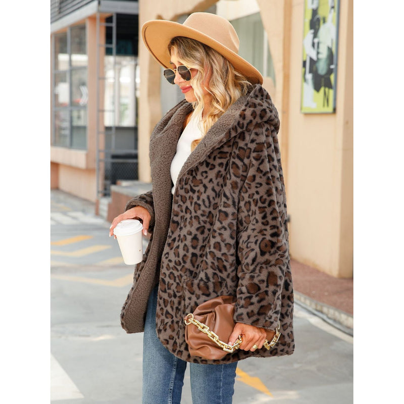 The Let's Get Cozy Brown Leopard Hooded Coat with Pockets