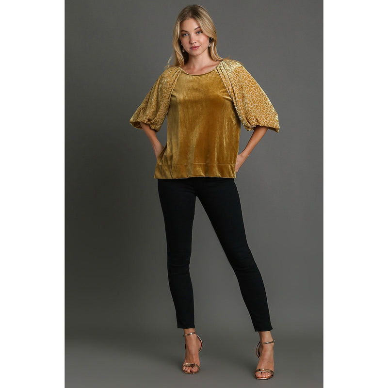 The Rio Gold Leopard Balloon Sleeve Velvet Top