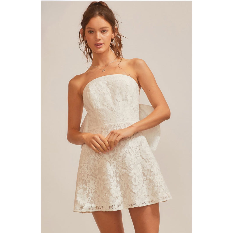 The Marilyn White Strapless Lace Bow Mini Dress