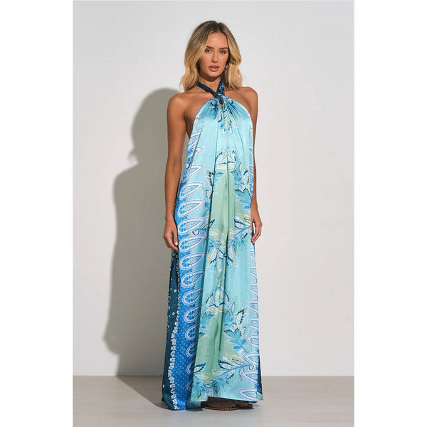 The Dana Aqua Print Halter Maxi