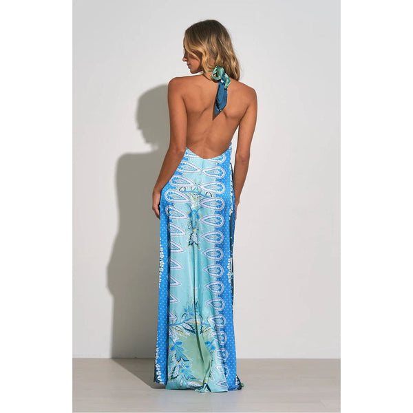 The Dana Aqua Print Halter Maxi