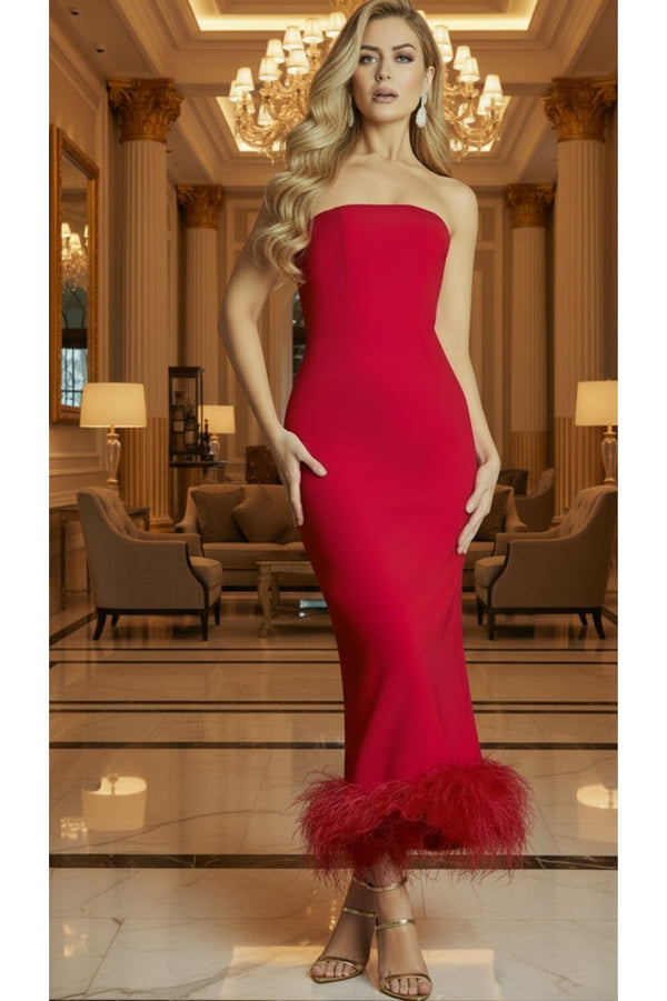 The Jovani 09630 Red Strapless Feather Hem Formal Gown
