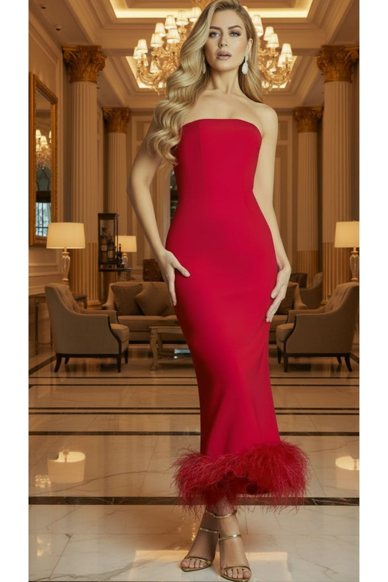 The Jovani 09630 Red Strapless Feather Hem Formal Gown