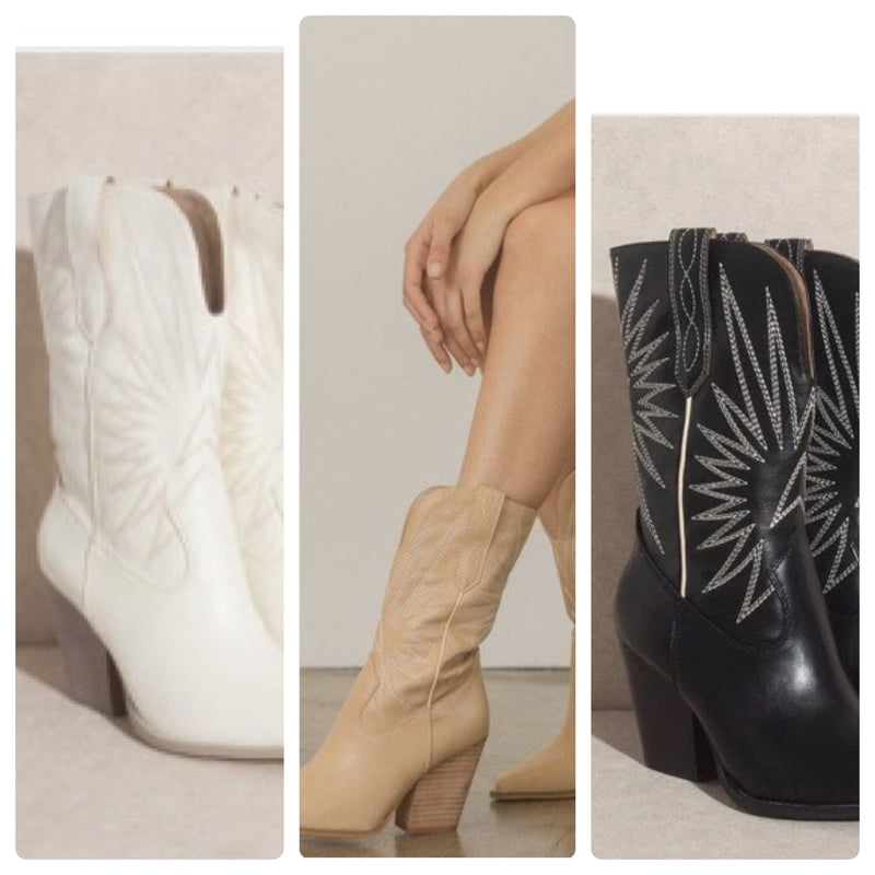 The Starburst Embroidery Western Boots in Black, Almond and White