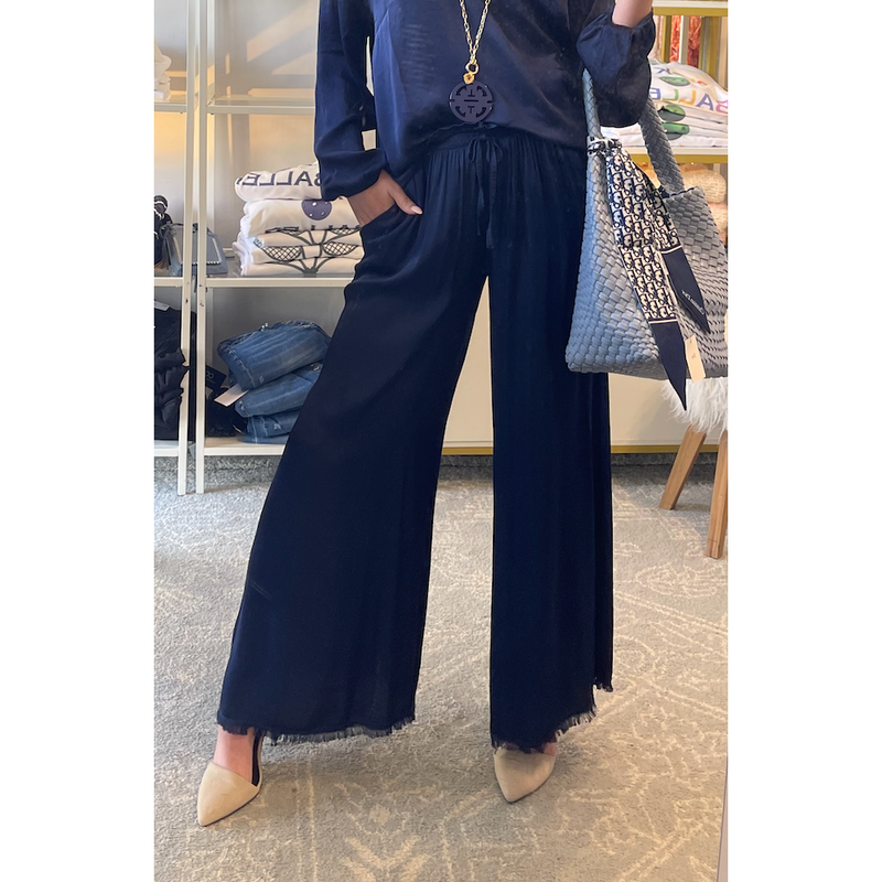 The Evelyn Silky Navy Blue Flowy Pant