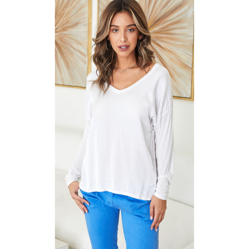 The Luca White Silky V-Neck Long Sleeve Top