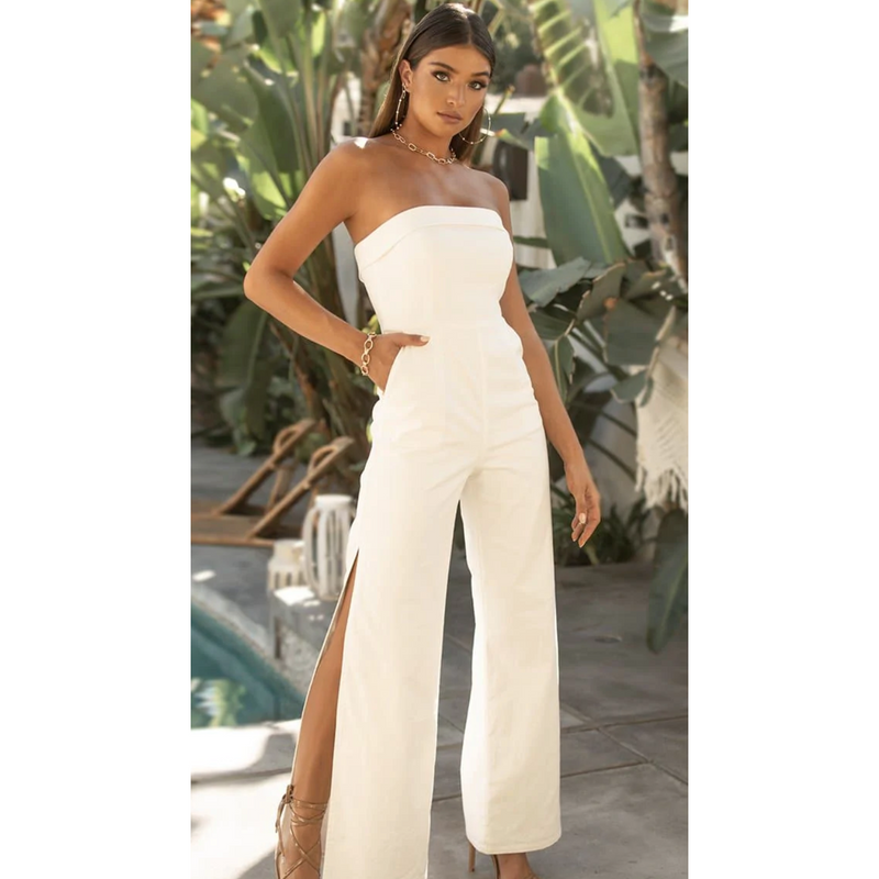 The Tracy Linen White Strapless Wide Leg High Slit Jumpsuit
