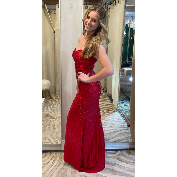 The Helena Red Strapless Rhinestone Embellished Ruched Formal Gown