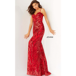 The Jovani 08481 Red Fitted Sequin Embellished Gown