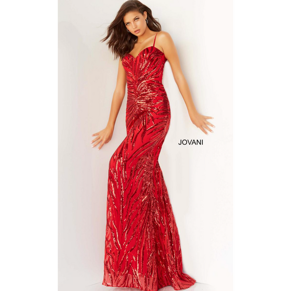 The Jovani Red Fitted Sequin Embellished Gown