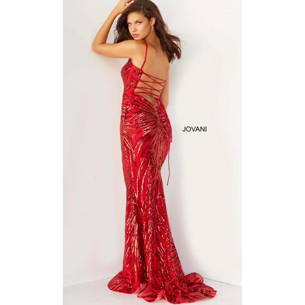 The Jovani 08481 Red Fitted Sequin Embellished Gown