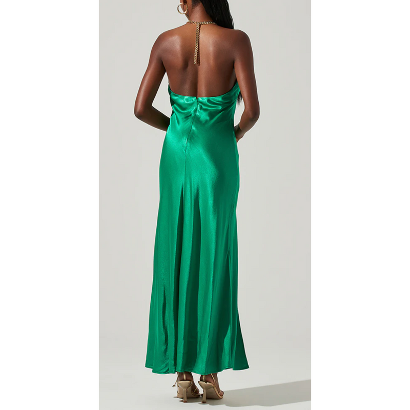 The Kazia Green Chain Halter Silky Maxi Dress
