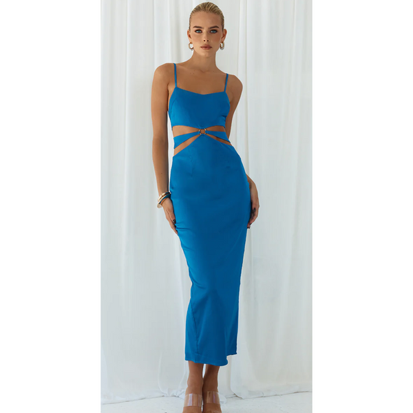 The Daphne Ocean Blue Cutout Slip Midi Dress