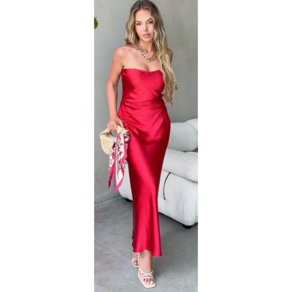 The Athena Red Strapless Satin Column Maxi Dress