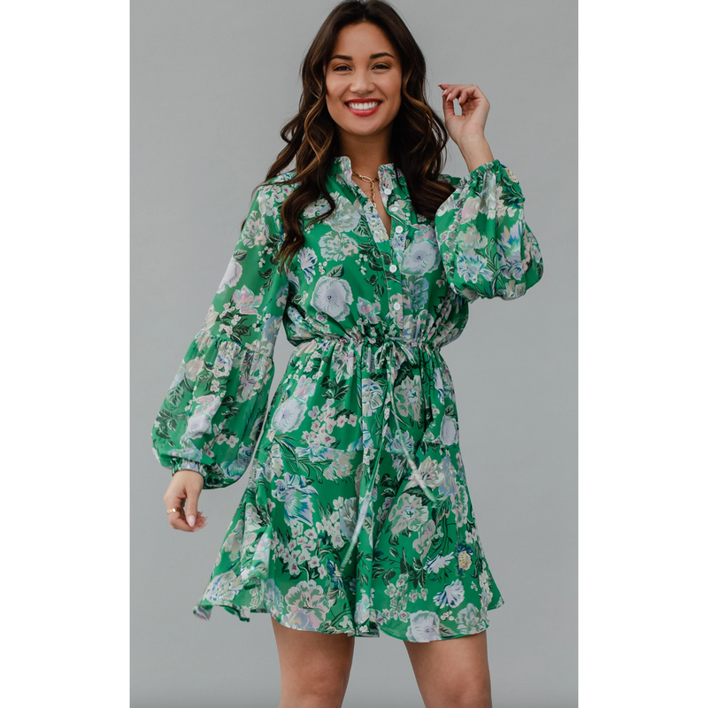 The Bloom Green Floral Balloon Sleeve Dress