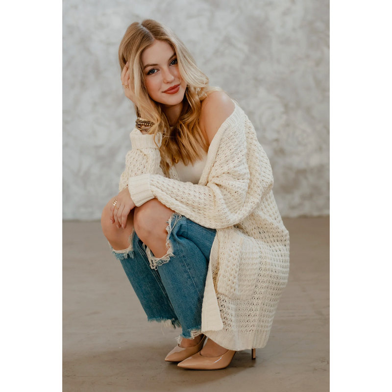 The Shelby Ivory Open Front Waffle Knit Cardigan